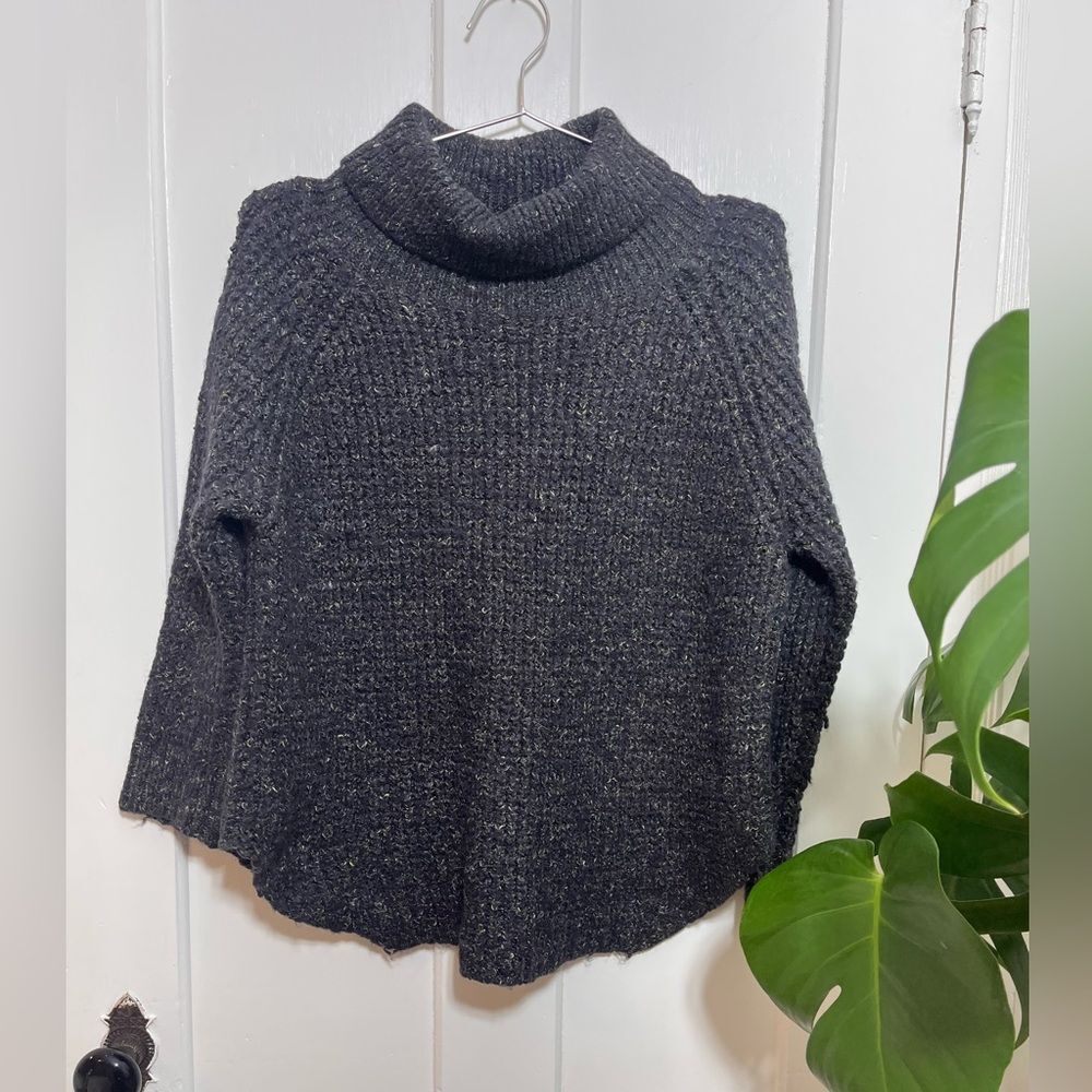 Free People Cowl Neck Knit Poncho Sweater Charcoal Marled Boho Cape Pullover M